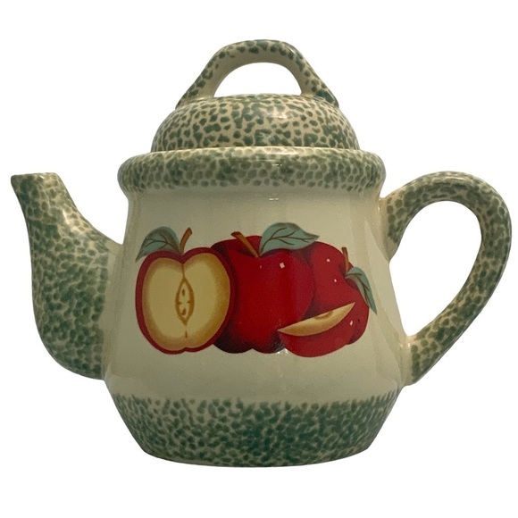 Vintage Teapot Stoneware Apple Motif Tender Hearts Treasures Primitive Farmhouse - Picture 2 of 16